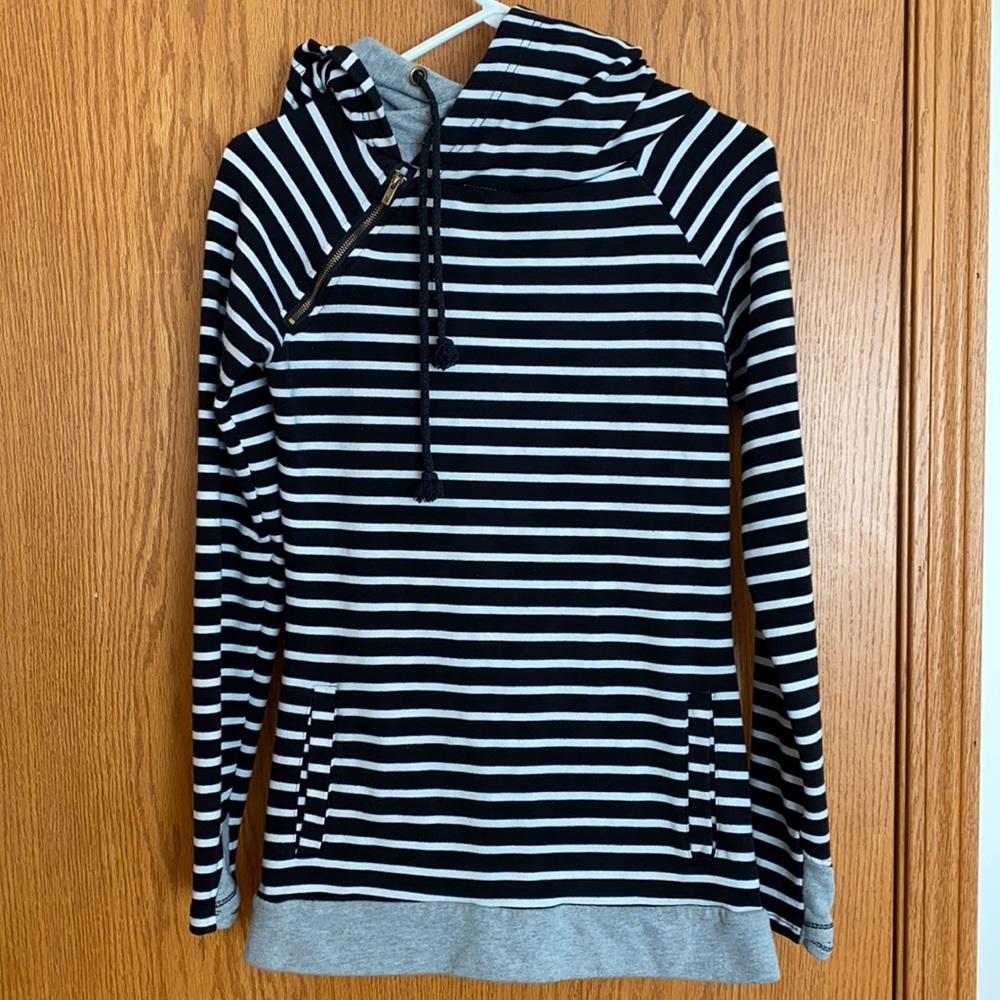 Striped double hooded hoodie with thumb holes